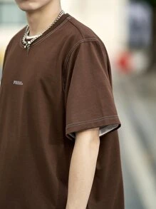 Claim Dot Lỏng lẻo phù hợp Nam Lá thư In Đồ họa Áo thun - Cà phê nâu - Xem 3