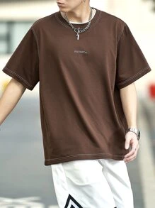 Claim Dot Lỏng lẻo phù hợp Nam Lá thư In Đồ họa Áo thun - Cà phê nâu - Xem 5