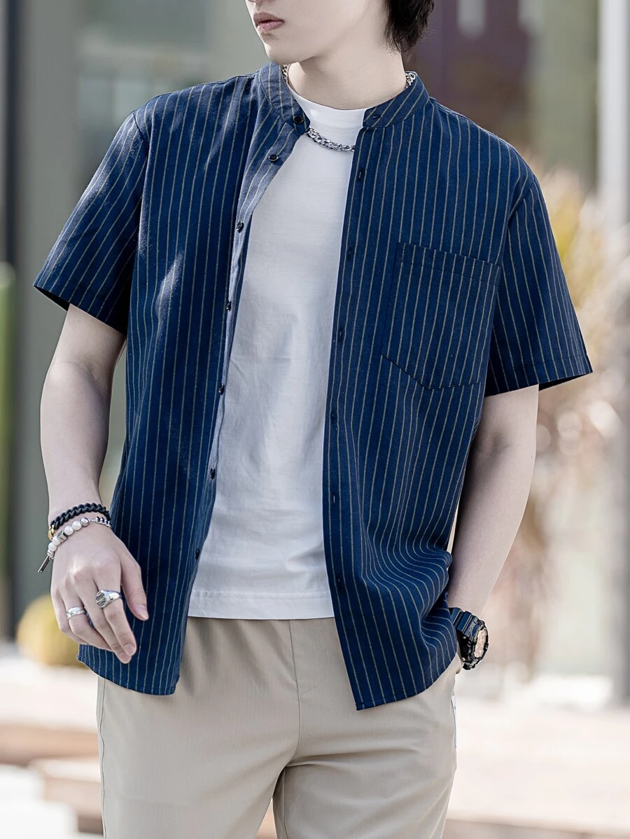 Manfinity Men Vertical Striped Patched Pocket Button Through Shirt - Navy Blue - View 1