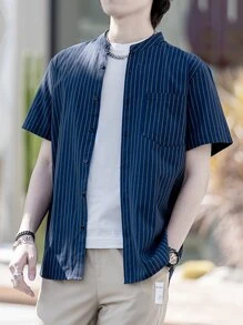 Manfinity Men Vertical Striped Patched Pocket Button Through Shirt - Navy Blue - View 7