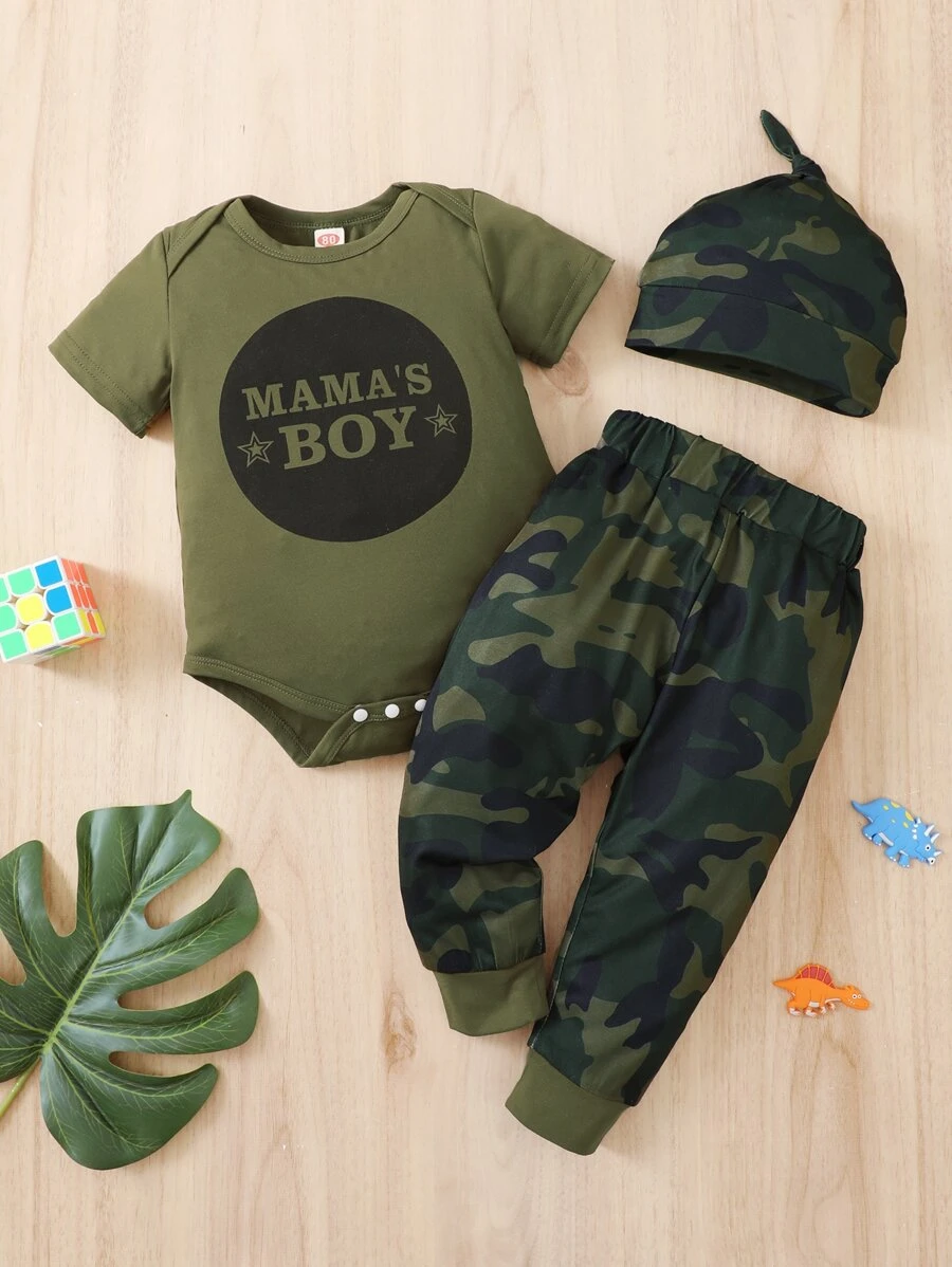 Đứa bé trai Đồ họa Chữ cái Áo liền quần chặt & Camo In Quần thể thao & Mũ - Nhiều màu - Xem 1