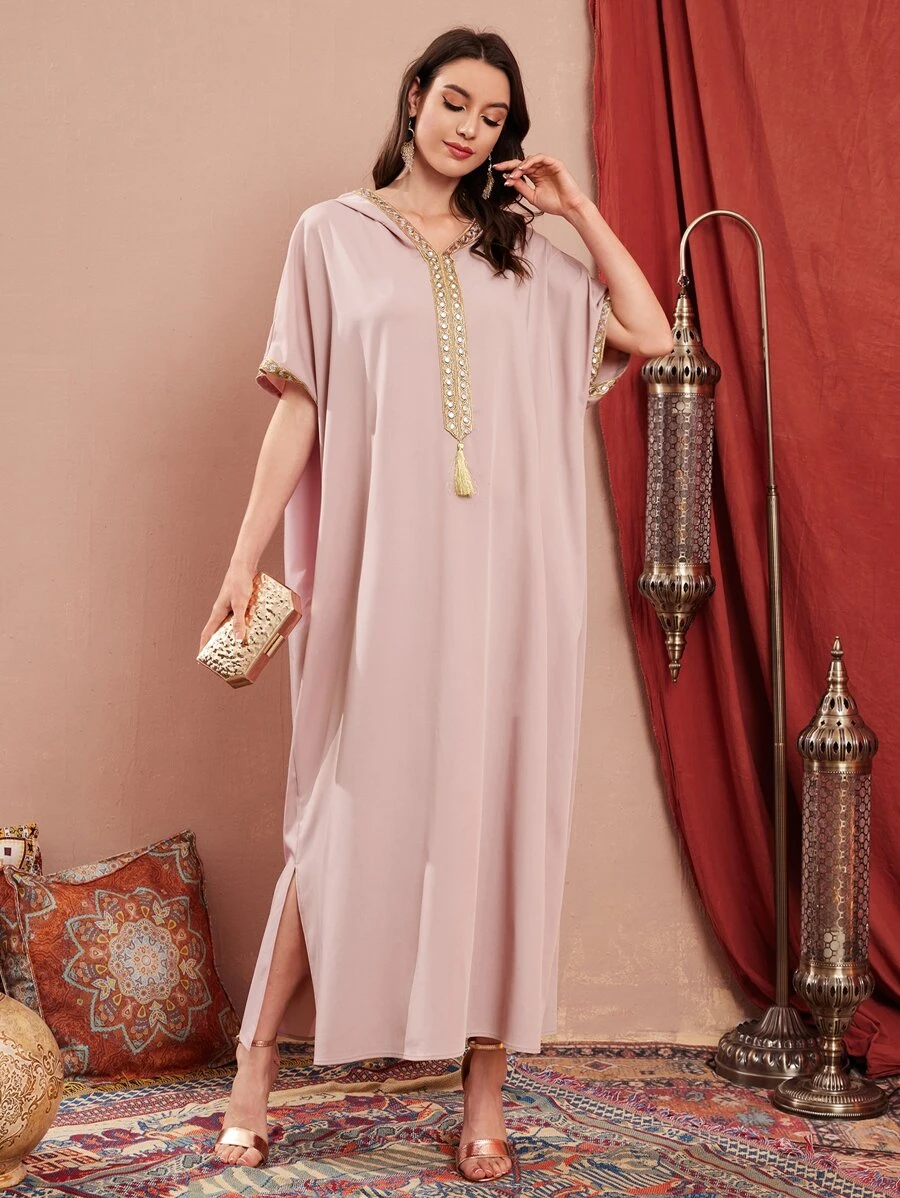 Al Najma Kaftan & Jalabiya Nghề thêu mép Pha lê kim cương Chia Ruy băng Khối Màu Khiêm tốn - Màu Hồng baby - Xem 1
