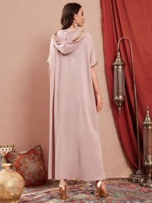 Al Najma Kaftan & Jalabiya Nghề thêu mép Pha lê kim cương Chia Ruy băng Khối Màu Khiêm tốn - Màu Hồng baby - Xem 2