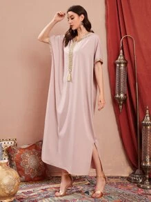 Al Najma Kaftan & Jalabiya Nghề thêu mép Pha lê kim cương Chia Ruy băng Khối Màu Khiêm tốn - Màu Hồng baby - Xem 4