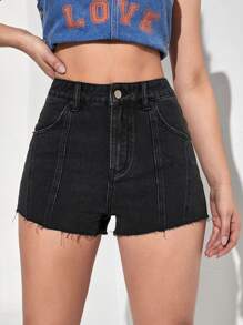 Quần short denim nữ Nút Túi Hem thô Dây kéo màu trơn - màu đen - Xem 3