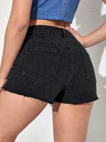 Quần short denim nữ Nút Túi Hem thô Dây kéo màu trơn - màu đen - Xem 2