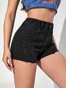 Quần short denim nữ Nút Túi Hem thô Dây kéo màu trơn - màu đen - Xem 1