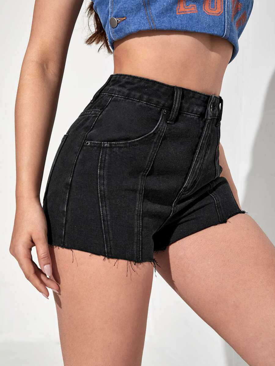 Quần short denim nữ Nút Túi Hem thô Dây kéo màu trơn - màu đen - Xem 1