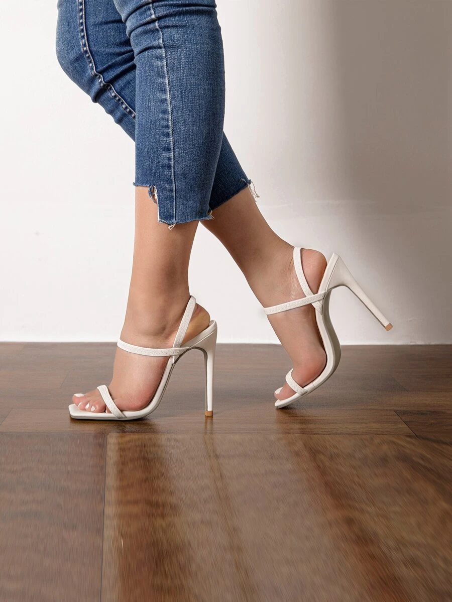 Thin Strap Stiletto Heeled Slingback Sandals - White - View 1