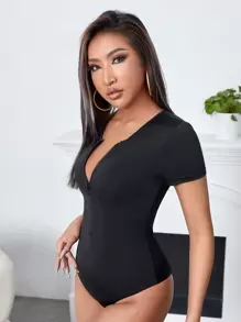 SHEIN Privé Solid Half Zip Bodysuit - Black - View 3