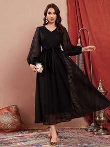 Modelyn Lantern Sleeve Belted Mesh Dress - Black - View 1