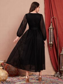 Modelyn Lantern Sleeve Belted Mesh Dress - Black - View 2
