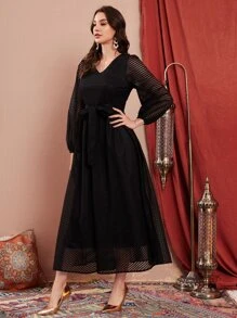 Modelyn Lantern Sleeve Belted Mesh Dress - Black - View 4