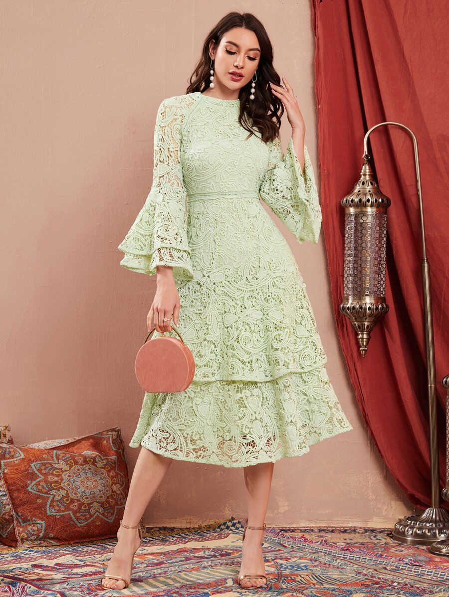 Modelyn Bell Sleeve Layered Ruffle Hem Guipure Lace Dress Long Evening Dresses - Mint Green - View 1