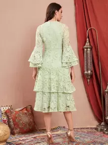 Modelyn Bell Sleeve Layered Ruffle Hem Guipure Lace Dress Long Evening Dresses - Mint Green - View 2