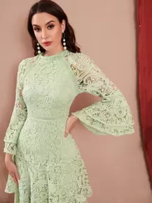 Modelyn Bell Sleeve Layered Ruffle Hem Guipure Lace Dress Long Evening Dresses - Mint Green - View 3