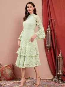 Modelyn Bell Sleeve Layered Ruffle Hem Guipure Lace Dress Long Evening Dresses - Mint Green - View 5