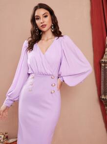 Modelyn Đầm Chia Trọn gói Dây kéo Nút phía trước màu trơn Thanh lịch - Màu Lilac Tím - Xem 3
