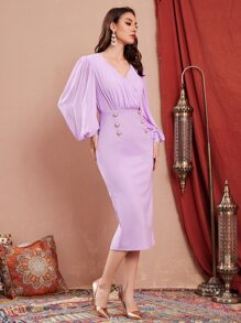 Modelyn Đầm Chia Trọn gói Dây kéo Nút phía trước màu trơn Thanh lịch - Màu Lilac Tím - Xem 4
