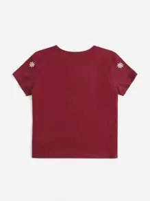 SHEIN EZwear Mùa hè Hoa Áo Thêu Ngắn tay Áo thun - Màu Đỏ Sâu - Xem 2