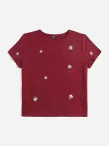 SHEIN EZwear Mùa hè Hoa Áo Thêu Ngắn tay Áo thun - Màu Đỏ Sâu - Xem 3
