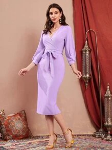 Modelyn Đầm Thắt lưng Chia Trọn gói màu trơn Thanh lịch - Màu Lilac Tím - Xem 4