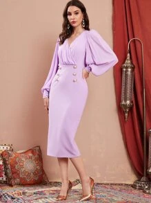 Modelyn Đầm Chia Trọn gói Dây kéo Nút phía trước màu trơn Thanh lịch - Màu Lilac Tím - Xem 5
