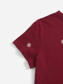 SHEIN EZwear Mùa hè Hoa Áo Thêu Ngắn tay Áo thun - Màu Đỏ Sâu - Xem 4