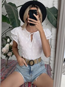 圓點繫帶領蝴蝶袖水溶蕾絲拼接襯衫 - 白色 - 查看 4