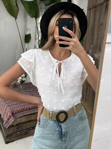 圓點繫帶領蝴蝶袖水溶蕾絲拼接襯衫 - 白色 - 查看 5