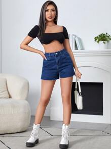 Square Neck Ribbed Knit Crop Top - Black - View 3