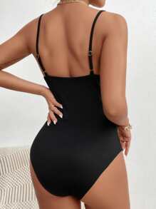 Allurite Solid Slim Fit Cami Bodysuit - Black - View 2