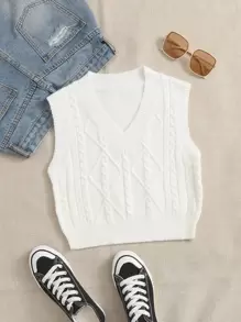 SHEIN EZwear 麻花編織毛衣背心 - 白色 - 查看 1