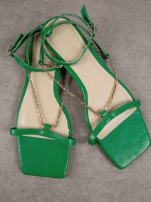 人造皮革鏈條細節踝帶涼鞋 - 綠色 - 查看 2