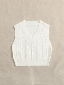 SHEIN EZwear 麻花編織毛衣背心 - 白色 - 查看 3