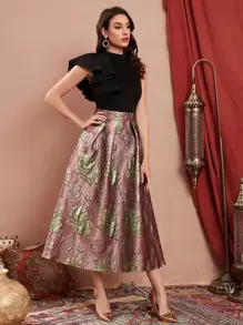 Modelyn Exaggerate Ruffle Trim Jacquard Combo Dress Long Evening Dresses - Multicolor - View 3