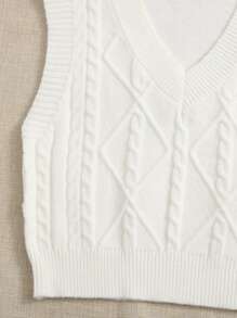 SHEIN EZwear 麻花編織毛衣背心 - 白色 - 查看 5