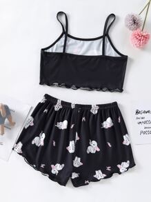 Girls Elephant Print Lettuce Trim Cami Top & Shorts PJ Set - Black - View 2
