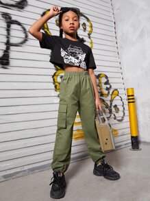 SHEIN 青少女帆布側口袋工裝褲