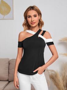 SHEIN Privé Áo thun nữ Cắt ra Khối Màu Giải trí - màu đen - Xem 1