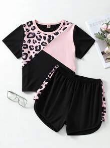 SHEIN Bộ hai mảnh Gái Tương phản ràng buộc Khối Màu Báo Giải trí - Nhiều màu - Xem 1