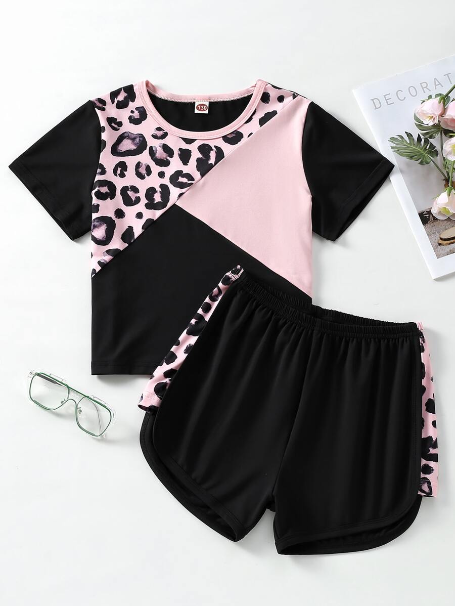 SHEIN Bộ hai mảnh Gái Tương phản ràng buộc Khối Màu Báo Giải trí - Nhiều màu - Xem 1