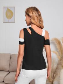 SHEIN Privé Áo thun nữ Cắt ra Khối Màu Giải trí - màu đen - Xem 2