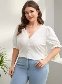 SHEIN Clasi Áo sơ mi Plus Size Xù nhỏ Ngọc trai Tranh thêu màu trơn Giải trí - trắng - Xem 2