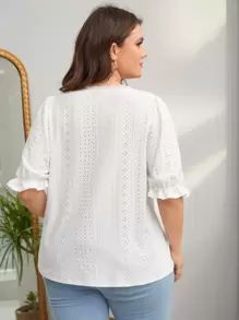 SHEIN Clasi Áo sơ mi Plus Size Xù nhỏ Ngọc trai Tranh thêu màu trơn Giải trí - trắng - Xem 3