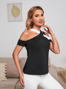 SHEIN Privé Áo thun nữ Cắt ra Khối Màu Giải trí - màu đen - Xem 5