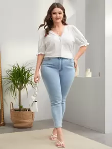 SHEIN Clasi Áo sơ mi Plus Size Xù nhỏ Ngọc trai Tranh thêu màu trơn Giải trí - trắng - Xem 5