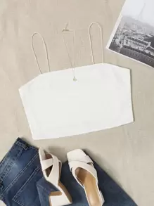 SHEIN EZwear 大碼條紋針織吊帶上衣 - 白色 - 查看 1