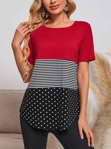 EMERY ROSE Camiseta de rayas & con estampado de lunares bajo curvo - Multicolor - Ver 1