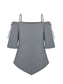 SHEIN Unity 大碼挖肩側繫帶不對稱下擺T恤 - 深灰色 - 查看 2